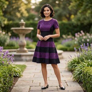 BADGLEY MISCHKA Belle 2 Purple & Black Striped Floral Lace Jacquard Dress EUC